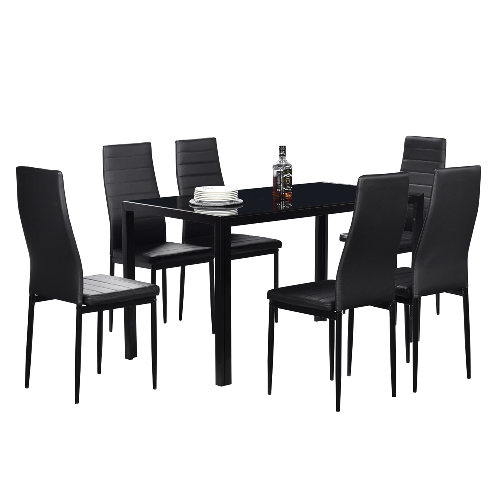 Details About 7 Piece Glass Dining Table Set 6 Leather Chairs Kitchen Room Breakfast Furnitur